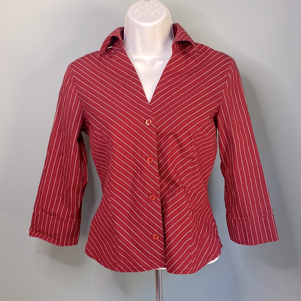 H&M Divided fitted button down shirt 3/4 sleeve red stripe 4